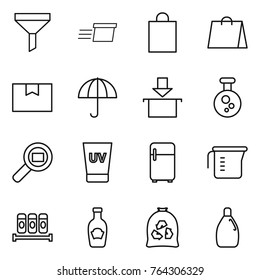 Thin line icon set : funnel, delivery, shopping bag, package box, dry cargo, chemical, search, uv cream, fridge, measuring cup, spices, ketchup, garbage, cleanser