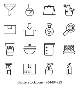 Thin line icon set : funnel, round flask, shopping bag, cleanser, package box, chemical, cargo search, uv cream, cauldron, measuring cup, spices, sprayer, liquid soap, toilet
