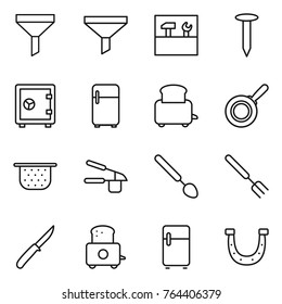 Thin line icon set : funnel, tools, nail, safe, fridge, toaster, pan, colander, garlic clasp, big spoon, fork, knife, horseshoe