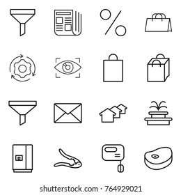 Thin line icon set : funnel, newspaper, percent, shopping bag, around gear, eye identity, mail, houses, fountain, fridge, walnut crack, mixer, steake
