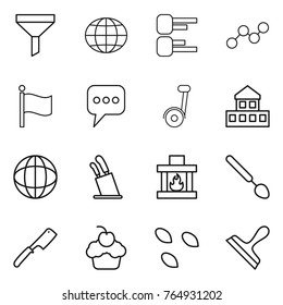 Thin line icon set : funnel, globe, diagram, graph, flag, message, cottage, stands for knives, fireplace, big spoon, chef knife, cupcake, seeds, scraper