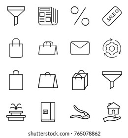 Thin line icon set : funnel, newspaper, percent, sale, shopping bag, mail, around gear, fountain, fridge, walnut crack, housing