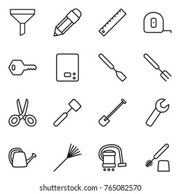 Thin line icon set : funnel, pencil, ruler, measuring tape, key, kitchen scales, spatula, big fork, scissors, meat hammer, shovel, wrench, watering can, rake, vacuum cleaner, toilet brush