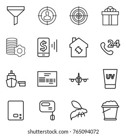 Thin line icon set : funnel, target audience, gift, virtual mining, mobile pay, smart house, phone 24, port, invoice, plane, uv cream, kitchen scales, mixer, wasp, foam bucket