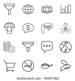 Thin line icon set : funnel, globe, team, graph, parachute, money message, presentation, virus, virtual mining, sms, earth, cart, no smoking, pan, wasp