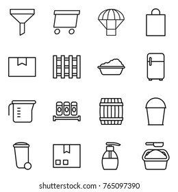Thin line icon set : funnel, delivery, parachute, shopping bag, package box, pallet, washing, fridge, measuring cup, spices, barrel, bucket, trash bin, liquid soap, powder