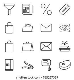 Thin line icon set : funnel, newspaper, percent, sale, shopping bag, mail, eye identity, fountain, fridge, walnut crack, mixer, steake