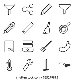 Thin line icon set : funnel, share, pencil, ruler, broom, pan, kitchen scales, double boiler, fork, eggplant, thermometer, wrench, rake, brush