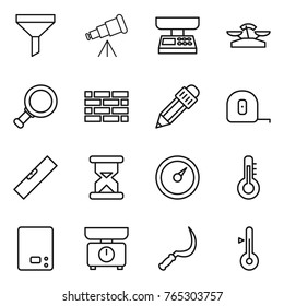 Thin line icon set : funnel, telescope, market scales, magnifier, brick wall, pencil, measuring tape, level, sand clock, barometer, thermometer, kitchen, sickle