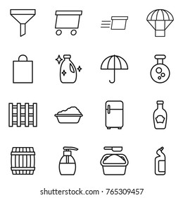 Thin line icon set : funnel, delivery, parachute, shopping bag, cleanser, dry cargo, chemical, pallet, washing, fridge, ketchup, barrel, liquid soap, powder, toilet