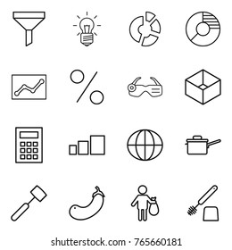 Thin line icon set : funnel, bulb, circle diagram, statistics, percent, smart glasses, box, calculator, sorting, globe, saute pan, meat hammer, eggplant, trash, toilet brush
