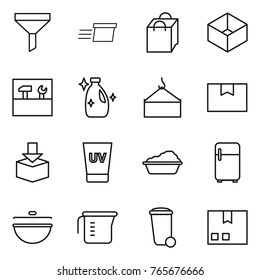 Thin line icon set : funnel, delivery, shopping bag, box, tools, cleanser, loading crane, package, uv cream, washing, fridge, cauldron, measuring cup, trash bin