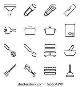 Thin line icon set : funnel, pencil, level, key, pan, kitchen scales, whisk, big spoon, double boiler, mortar, fork, blower, sponge, plunger
