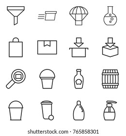 Thin line icon set : funnel, delivery, parachute, round flask, shopping bag, package box, cargo search, bucket, ketchup, barrel, trash bin, cleanser, liquid soap