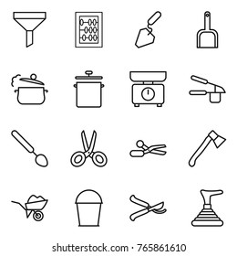 Thin line icon set : funnel, abacus, construction, scoop, steam pan, kitchen scales, garlic clasp, big spoon, scissors, axe, wheelbarrow, bucket, pruner, plunger