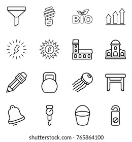 Thin line icon set : funnel, bulb, bio, graph up, lightning, sun power, mansion, pencil, heavy, jellyfish, stool, bell, handle scales, bucket, do not distrub