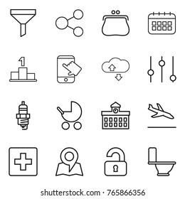 Thin line icon set : funnel, share, purse, calendar, pedestal, touch, cloude service, equalizer, spark plug, baby stroller, university, arrival, first aid, map, unlocked, toilet