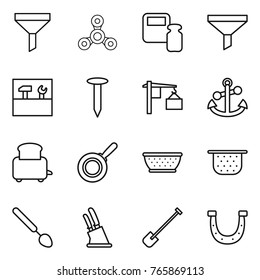 Thin line icon set : funnel, spinner, scales weight, tools, nail, loading, anchor, toaster, pan, colander, big spoon, knife holder, shovel, horseshoe