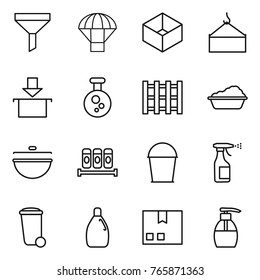Thin line icon set : funnel, parachute, box, loading crane, package, chemical, pallet, washing, cauldron, spices, bucket, sprayer, trash bin, cleanser, liquid soap