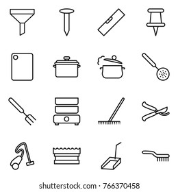 Thin line icon set : funnel, nail, level, pin, cutting board, pan, steam, skimmer, big fork, double boiler, rake, pruner, vacuum cleaner, sponge, scoop, brush