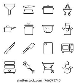 Thin line icon set : funnel, cutting board, pan, bbq, saute, colander, apron, knife, chef, microwave oven, double boiler, blender