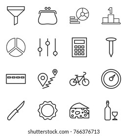 Thin line icon set : funnel, purse, diagram, pedestal, equalizer, calculator, nail, bunker, route, bike, barometer, knife, induction oven, cheese, wine