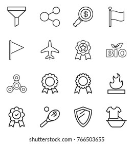 Thin line icon set : funnel, share, dollar magnifier, flag, plane, medal, bio, spinner, flammable, tennis, shield, handle washing