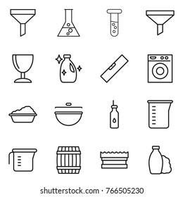 Thin line icon set : funnel, flask, vial, wineglass, cleanser, level, washing machine, cauldron, vegetable oil, measuring cup, barrel, sponge, shampoo