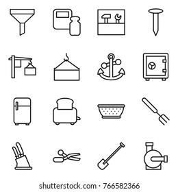 Thin line icon set : funnel, scales weight, tools, nail, loading, crane, anchor, safe, fridge, toaster, colander, big fork, knife holder, scissors, shovel, water pump