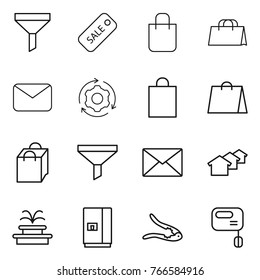 Thin line icon set : funnel, sale, shopping bag, mail, around gear, houses, fountain, fridge, walnut crack, mixer