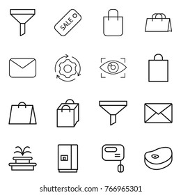 Thin line icon set : funnel, sale, shopping bag, mail, around gear, eye identity, fountain, fridge, mixer, steake