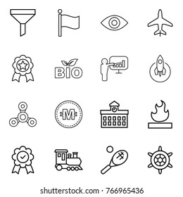 Thin line icon set : funnel, flag, eye, plane, medal, bio, presentation, rocket, spinner, crypto currency, university, flammable, train, tennis, handwheel