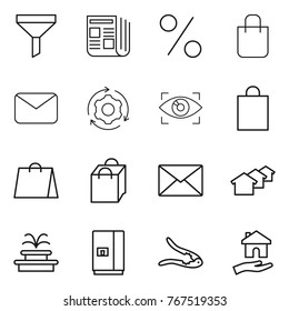 Thin line icon set : funnel, newspaper, percent, shopping bag, mail, around gear, eye identity, houses, fountain, fridge, walnut crack, housing