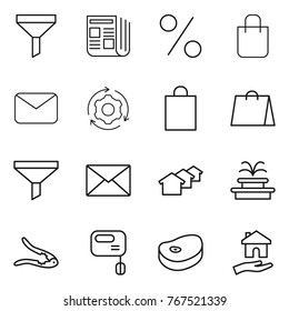 Thin line icon set : funnel, newspaper, percent, shopping bag, mail, around gear, houses, fountain, walnut crack, mixer, steake, housing