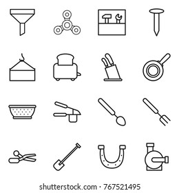 Thin line icon set : funnel, spinner, tools, nail, loading crane, toaster, stands for knives, pan, colander, garlic clasp, big spoon, fork, scissors, shovel, horseshoe, water pump