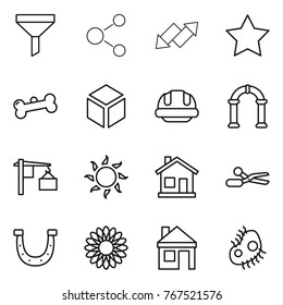 Thin line icon set : funnel, molecule, up down arrow, star, bone, 3d, building helmet, arch, loading, sun, home, scissors, horseshoe, flower, house, microb