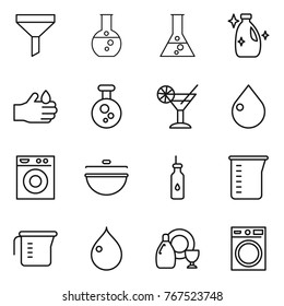 Thin line icon set : funnel, round flask, cleanser, acid, chemical, cocktail, drop, washing machine, cauldron, vegetable oil, measuring cup, dish