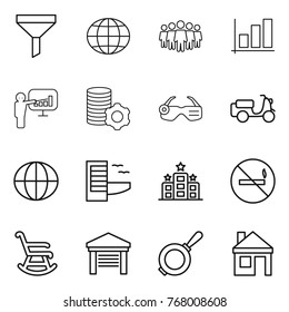 Thin line icon set : funnel, globe, team, graph, presentation, virtual mining, smart glasses, scooter shipping, hotel, no smoking, rocking chair, garage, pan, house