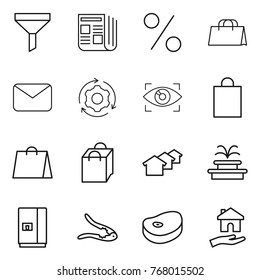 Thin line icon set : funnel, newspaper, percent, shopping bag, mail, around gear, eye identity, houses, fountain, fridge, walnut crack, steake, housing