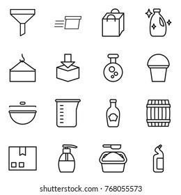 Thin line icon set : funnel, delivery, shopping bag, cleanser, loading crane, package, chemical, bucket, cauldron, measuring cup, ketchup, barrel, liquid soap, washing powder, toilet