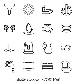 Thin line icon set : funnel, round around, sea shipping, anchor, palm hammock, windsurfing, water tap, inflatable pool, kettle, jug, fish, sponge, handle washing