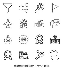 Thin line icon set : funnel, share, dollar magnifier, flag, plane, medal, bio, presentation, rocket, crypto currency, university, train, tennis, handle washing