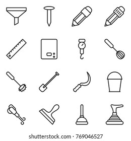 Thin line icon set : funnel, nail, pencil, ruler, kitchen scales, handle, whisk, shovel, sickle, bucket, blower, scraper, plunger