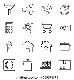 Thin line icon set : funnel, share, call, stopwatch, calculator, bang, cart, money, tower, home, smart house, pan, ring button, spices, package