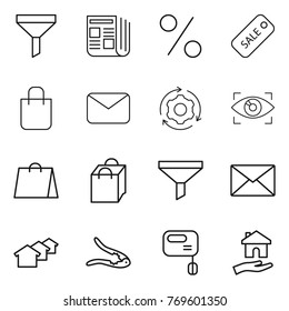 Thin line icon set : funnel, newspaper, percent, sale, shopping bag, mail, around gear, eye identity, houses, walnut crack, mixer, housing