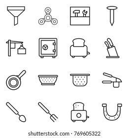 Thin line icon set : funnel, spinner, tools, nail, loading, safe, toaster, stands for knives, pan, colander, garlic clasp, big spoon, fork, horseshoe