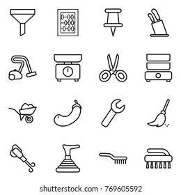 Thin line icon set : funnel, abacus, pin, stands for knives, vacuum cleaner, kitchen scales, scissors, double boiler, wheelbarrow, eggplant, wrench, broom, blower, plunger, brush