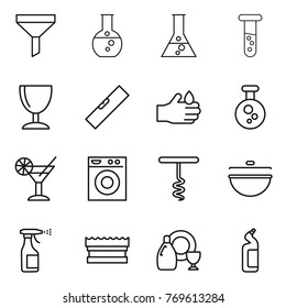 Thin line icon set : funnel, round flask, vial, wineglass, level, acid, chemical, cocktail, washing machine, corkscrew, cauldron, sprayer, sponge, dish cleanser, toilet