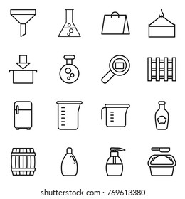 Thin line icon set : funnel, flask, shopping bag, loading crane, package, chemical, cargo search, pallet, fridge, measuring cup, ketchup, barrel, cleanser, liquid soap, washing powder