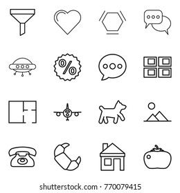 Thin line icon set : funnel, heart, hex molecule, discussion, ufo, percent, balloon, panel house, plan, plane, dog, landscape, phone, croissant, tomato